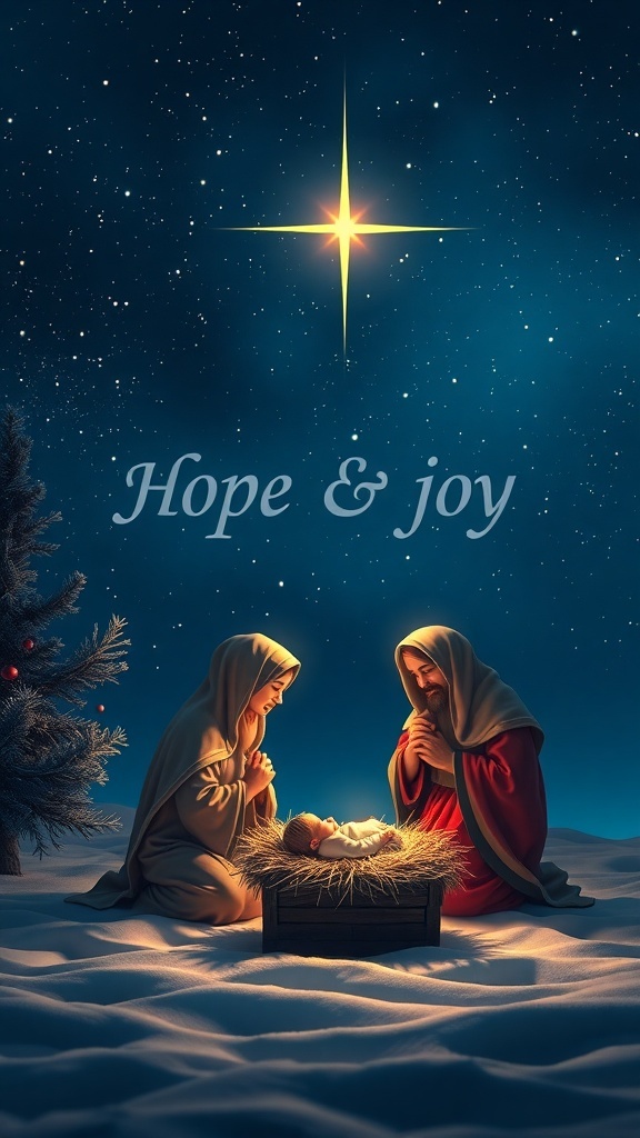 Nativity scene with baby Jesus in a manger, Mary and Joseph, under a starry night sky.